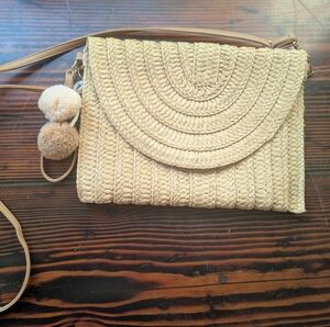 Boho Straw Crossbody Bag with Pom-Poms